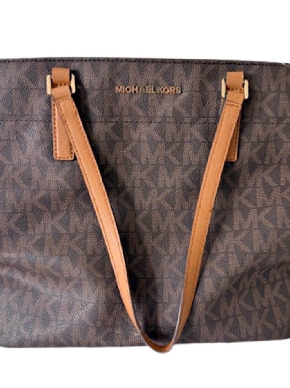 Michael Kors Dark Brown Monogram Tote with Tan Straps